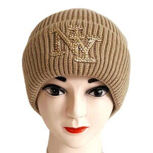 Men Women Rhinestones NY Winter Knit Fur lined Thick Beanie Hat - Tan